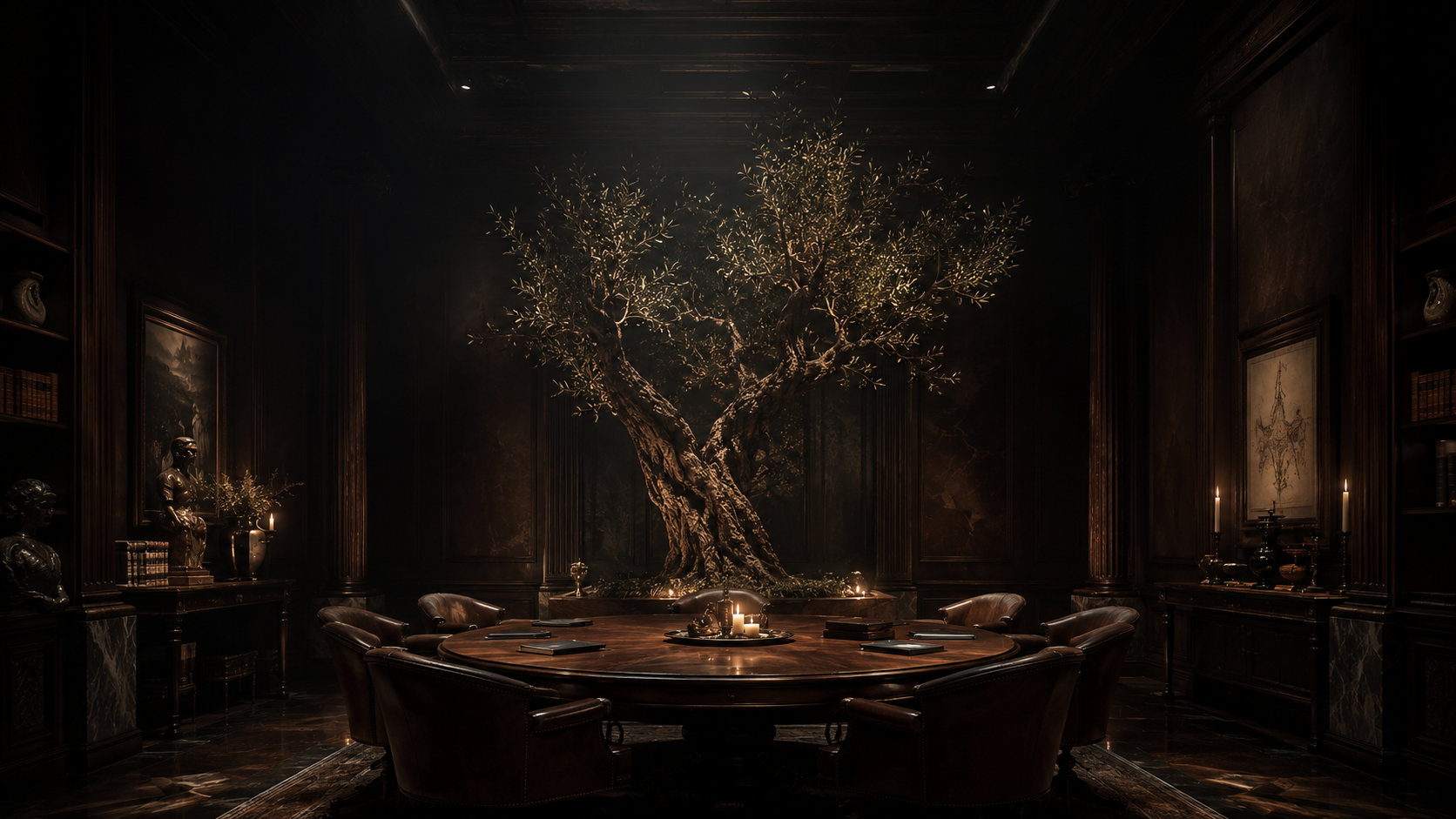 A candlelit private room with an ancient olive tree above a round council table.